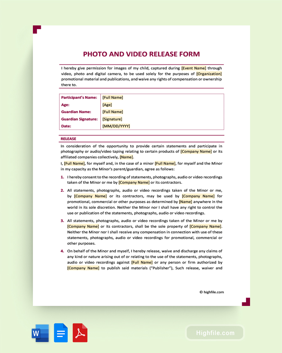 Photo and Video Release Form - Word, Google Docs, PDF
