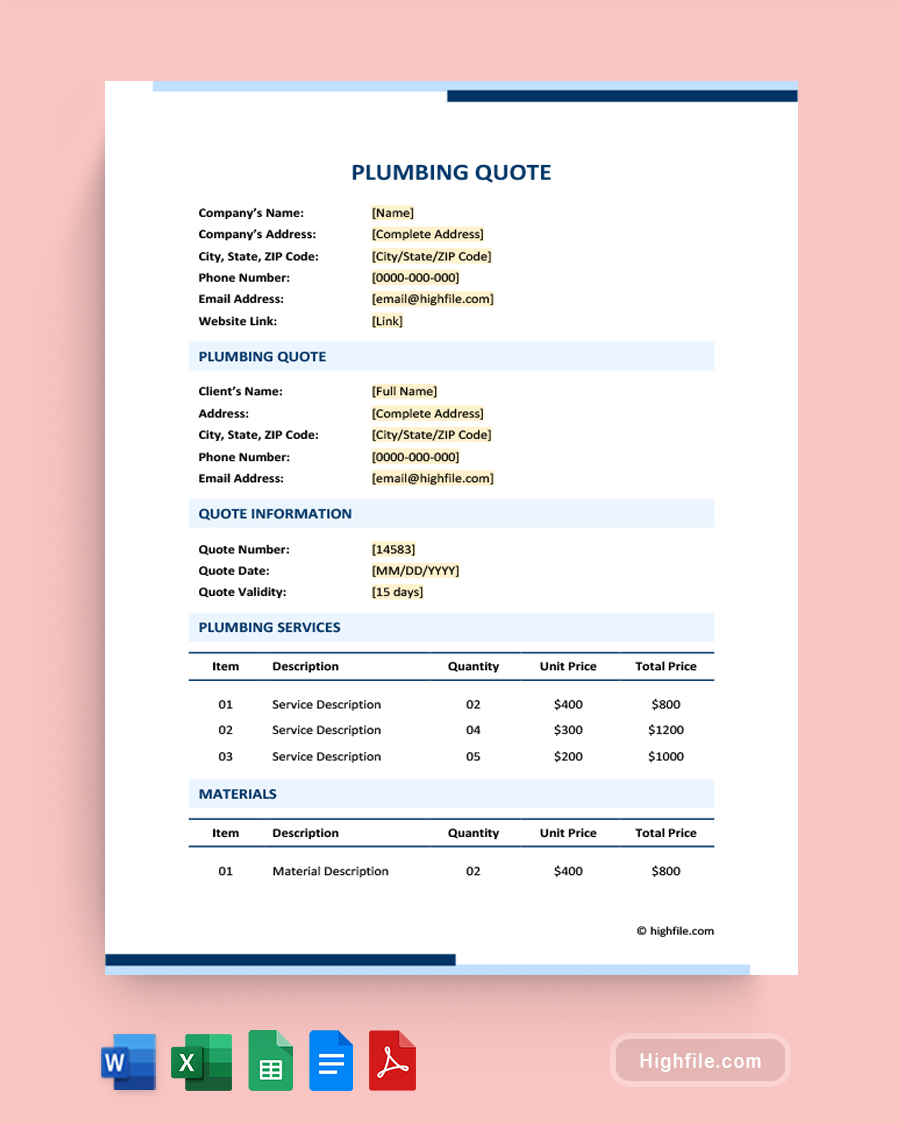 Plumbing Quote Template - Word, Google Docs, Google Sheets, Excel, PDF