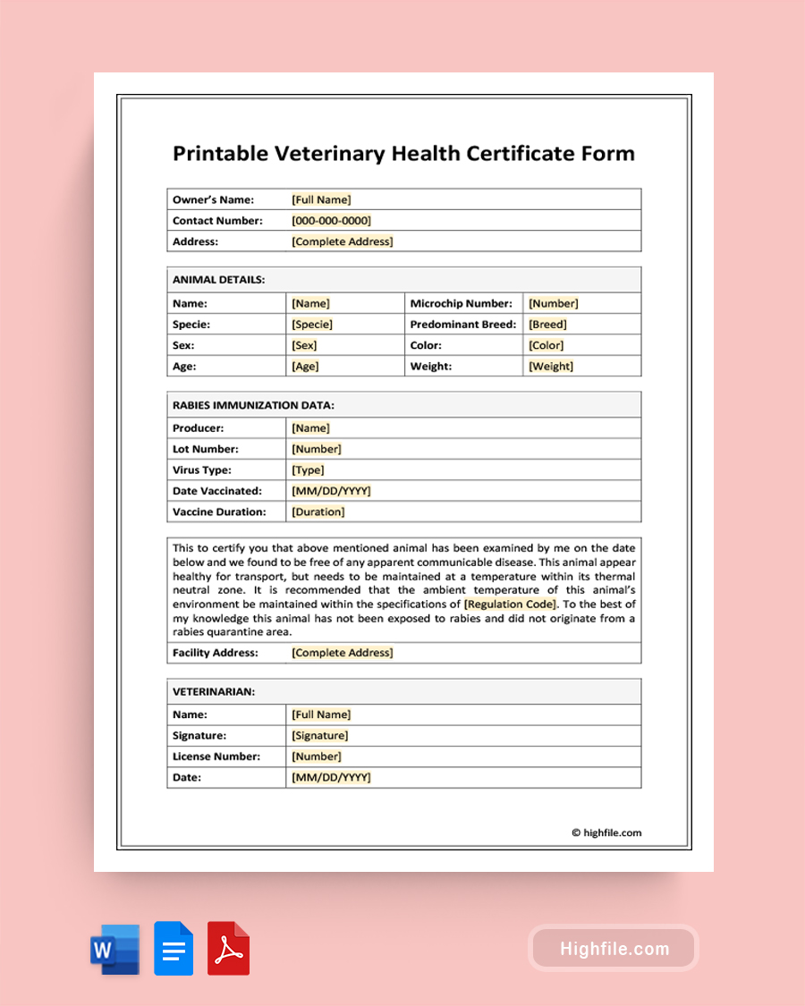 Printable Veterinary Health Certificate Form - Word, Google Docs, PDF