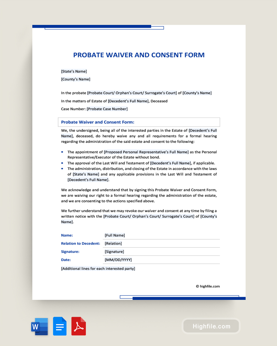 Probate Waiver and Consent Form - Word, Google Docs, PDF