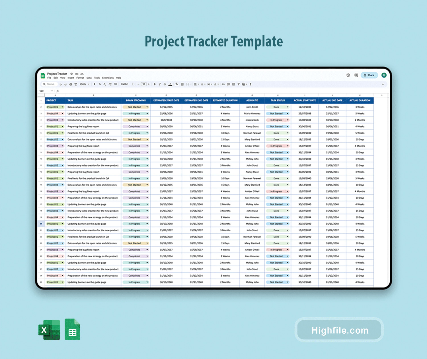Project Tracker Template - Excel & Google Sheets
