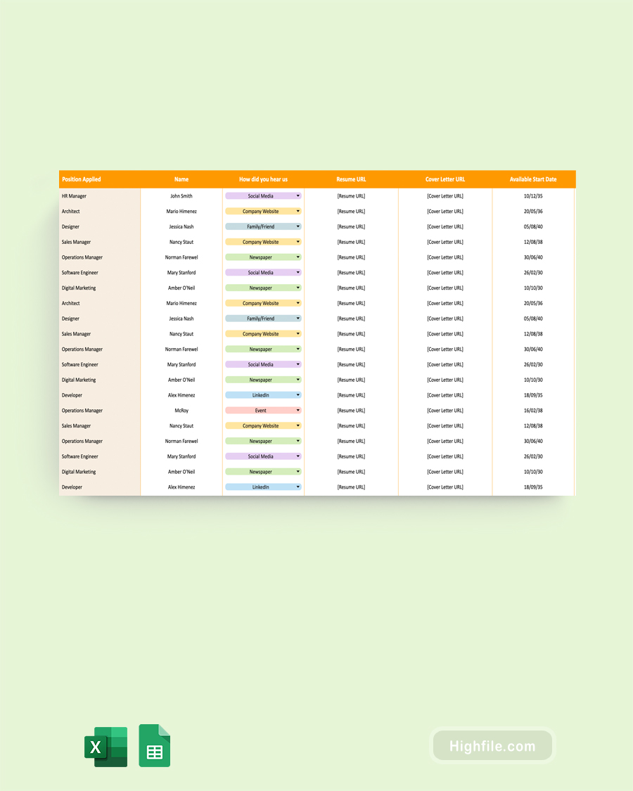 Recruitment Tracker - Excel, Google Sheets