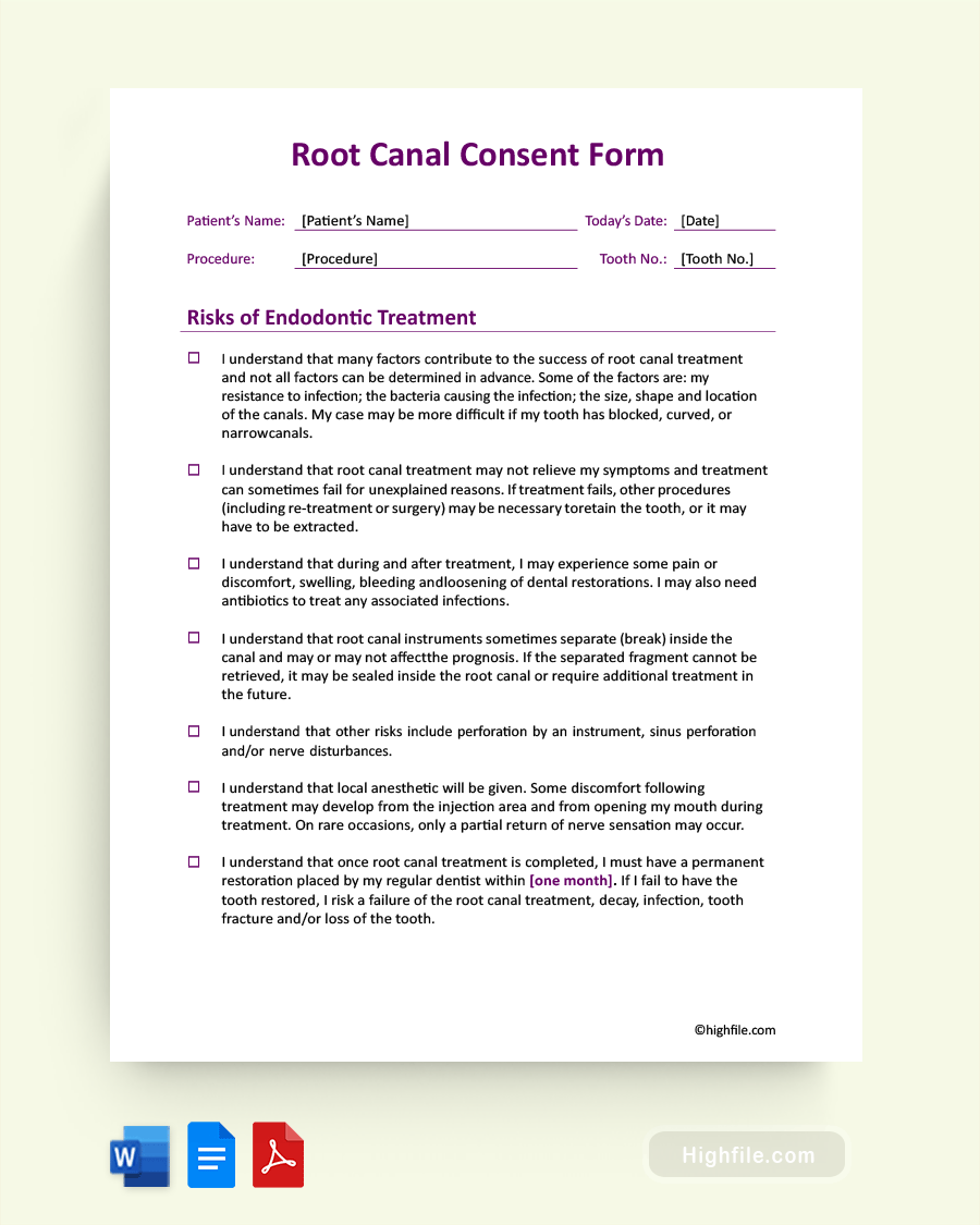Root Canal Consent Form - Word, Pdf, Google Docs