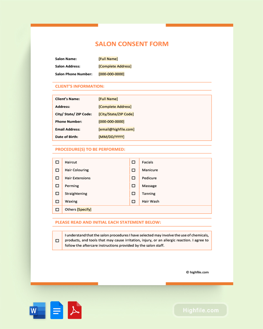 Salon Consent Form - Word, Google Docs, PDF