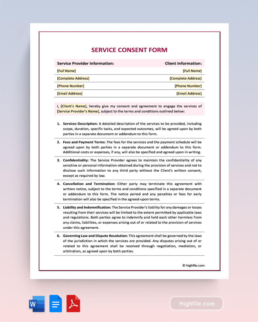 Service Consent Form - Word, Google Docs, PDF