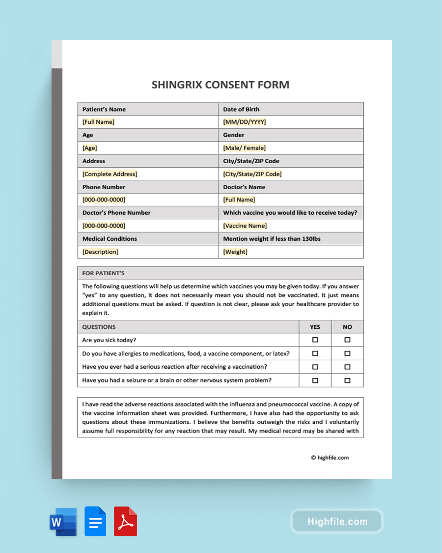 Shingrix Consent Form - Word, Google Docs, PDF