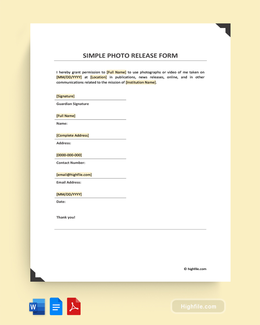 Simple Photo Release Form - Word, Google Docs, PDF