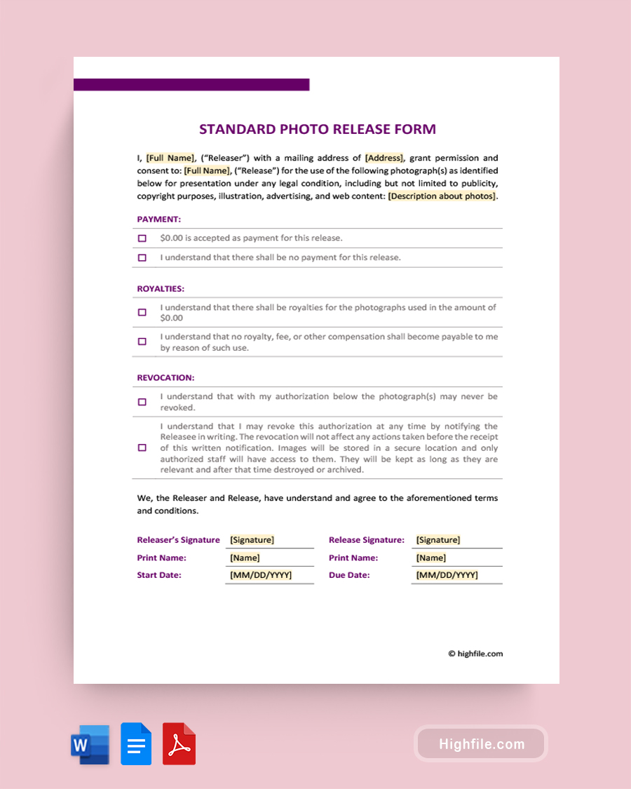 Standard Photo Release Form - Word, Google Docs, PDF