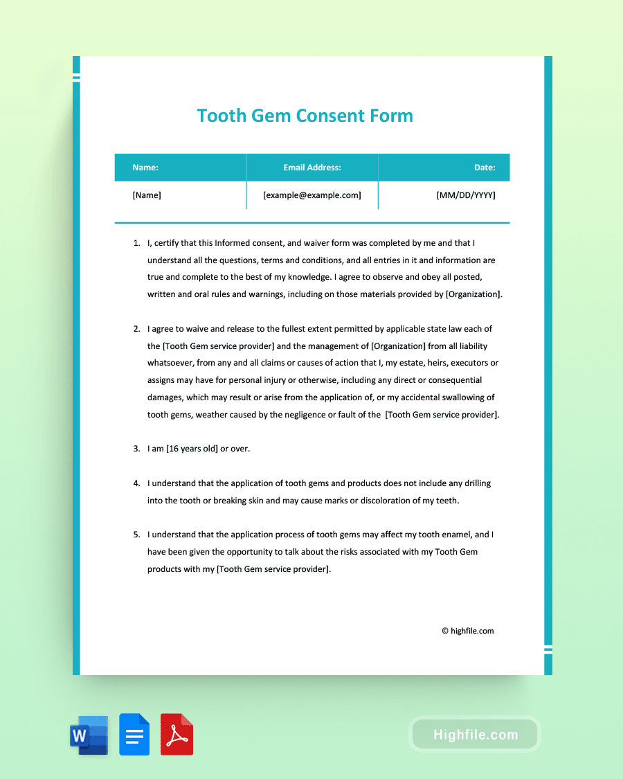 Tooth Gem Consent Form - Word, PDF, Google Docs