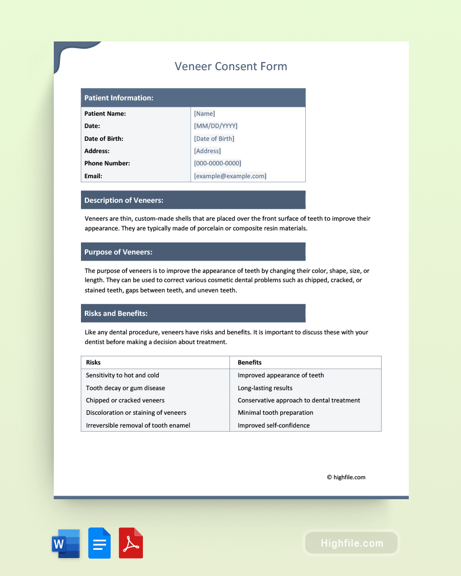 Veneer Consent Form - Word, PDF, Google Docs