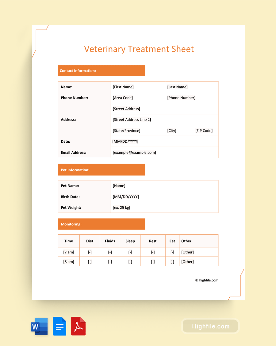 Veterinary Treatment Sheet - Word, PDF, Google Docs