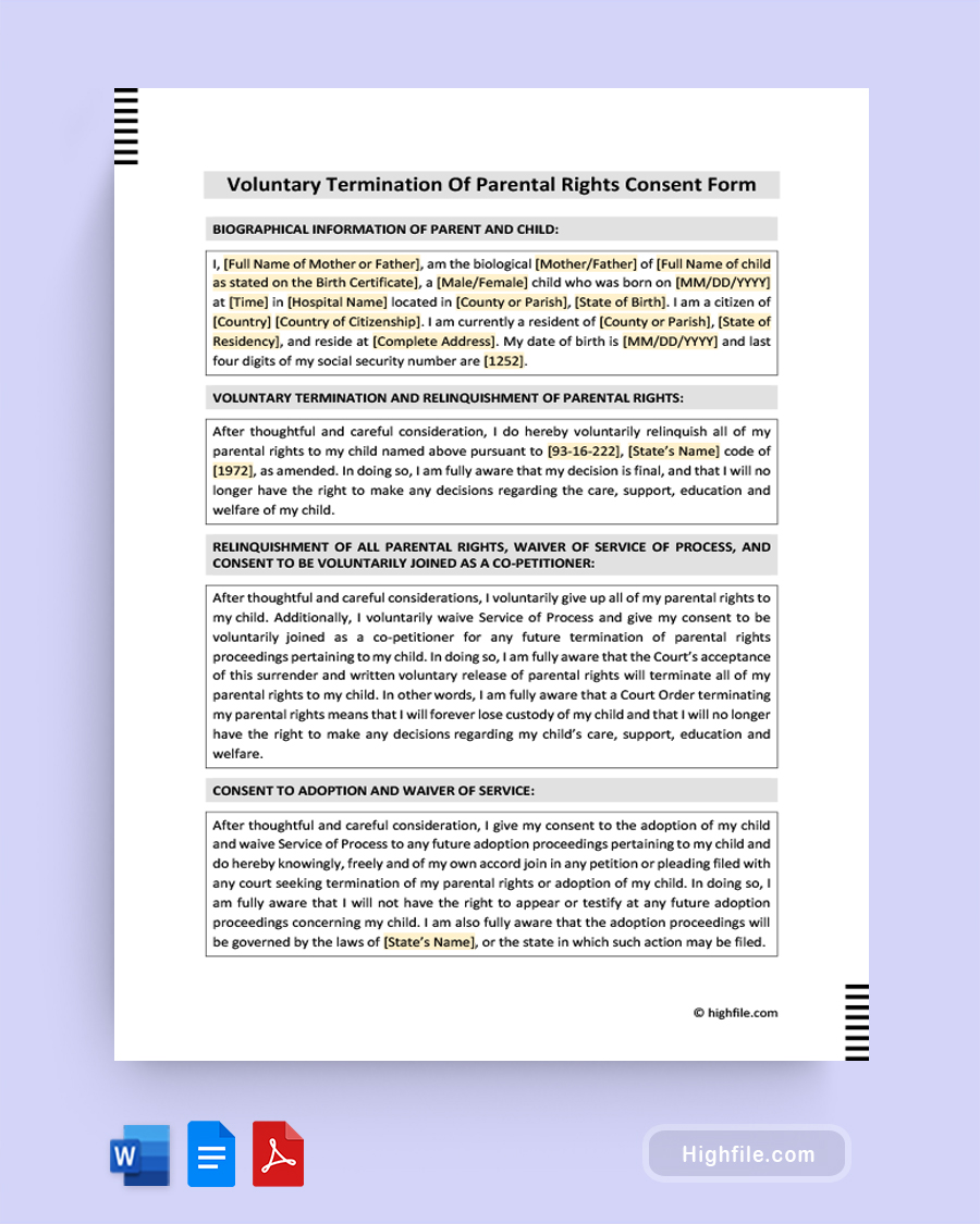 Voluntary Termination of Parental Rights Consent Form - Word, Google Docs, PDF