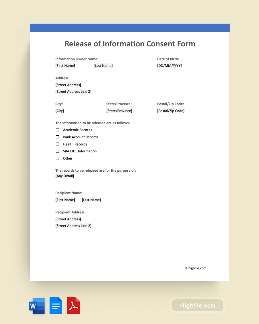 Release of Information Consent Form - Word, PDF, Google Docs