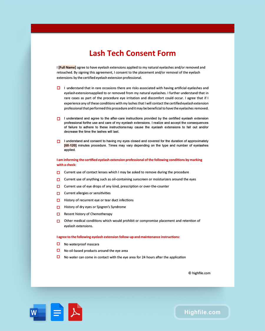 Lash Tech Consent Form - Word, PDF, Google Docs