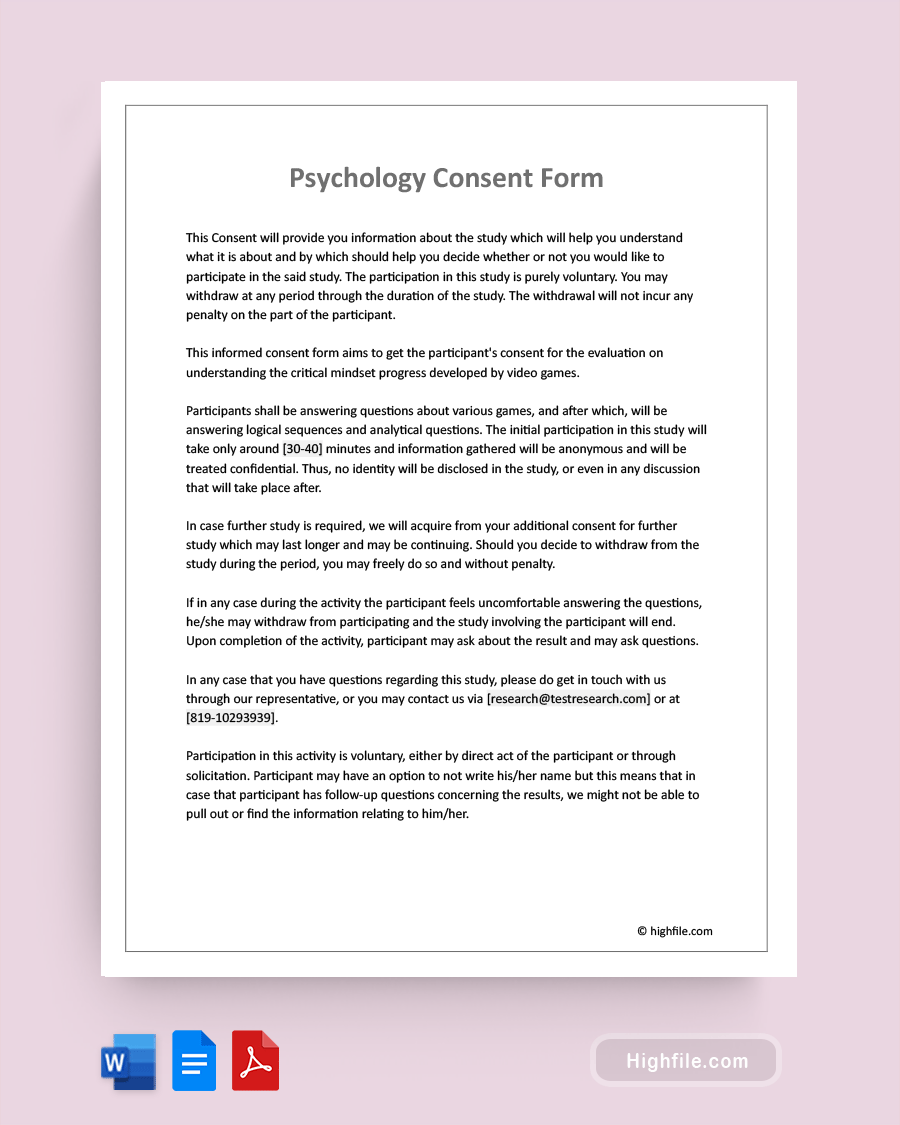 Psychology Consent Form - Word, Pdf, Google Docs