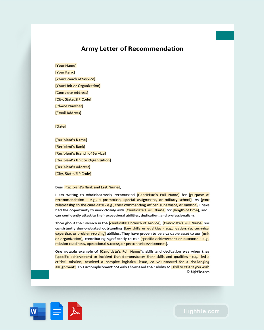 Army Letter of Recommendation - Word, Google Docs, PDF