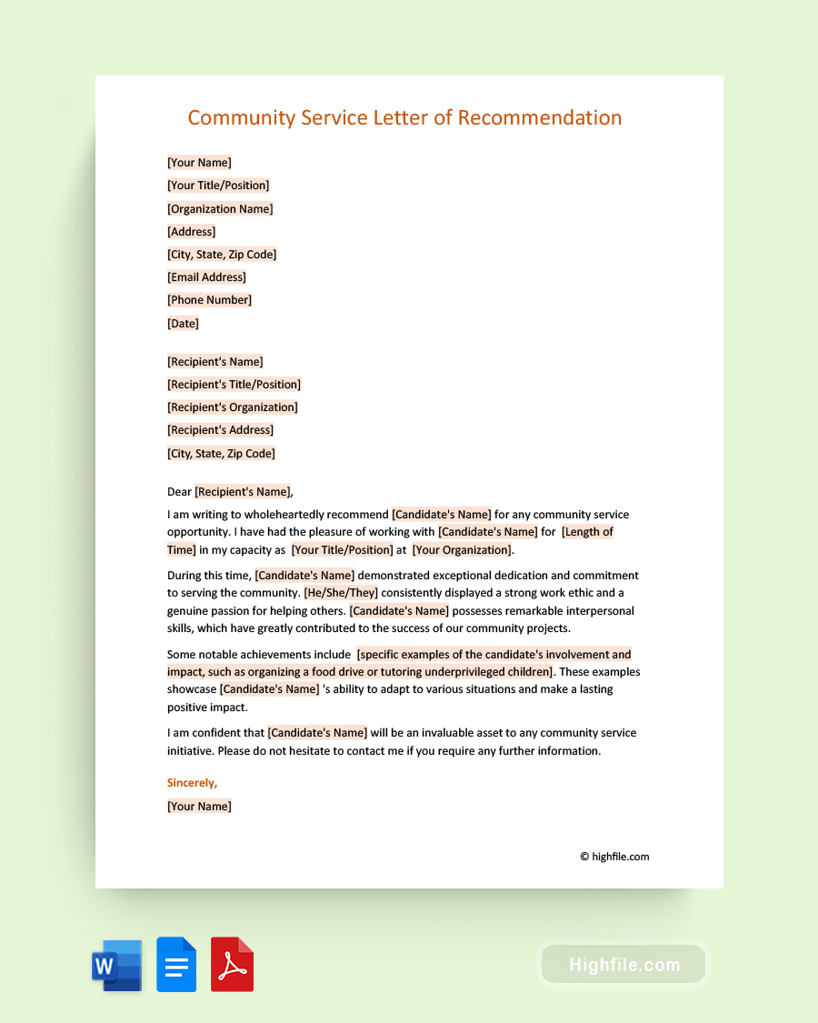 Community Service Letter of Recommendation - Word, PDF, Google Docs