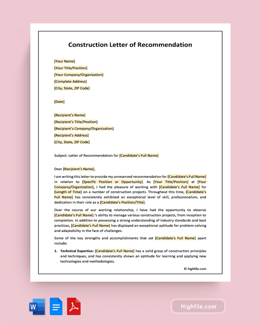 Construction Letter of Recommendation - Word, Google Docs, PDF