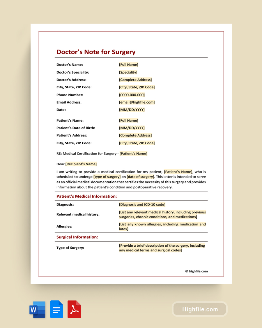 Doctors Note for Surgery - Word, Google Docs, PDF