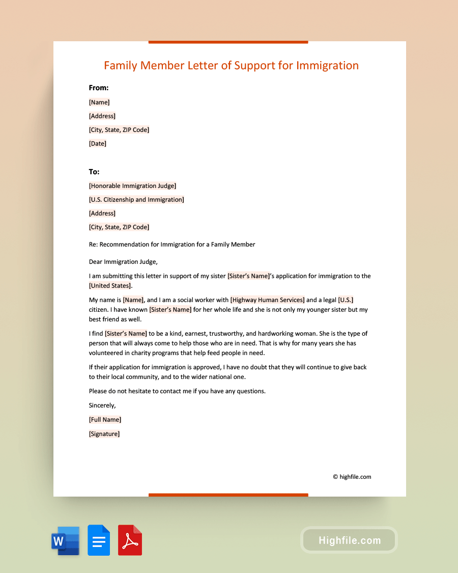 Family Member Letter of Support for Immigration - Word, PDF, Google Docs