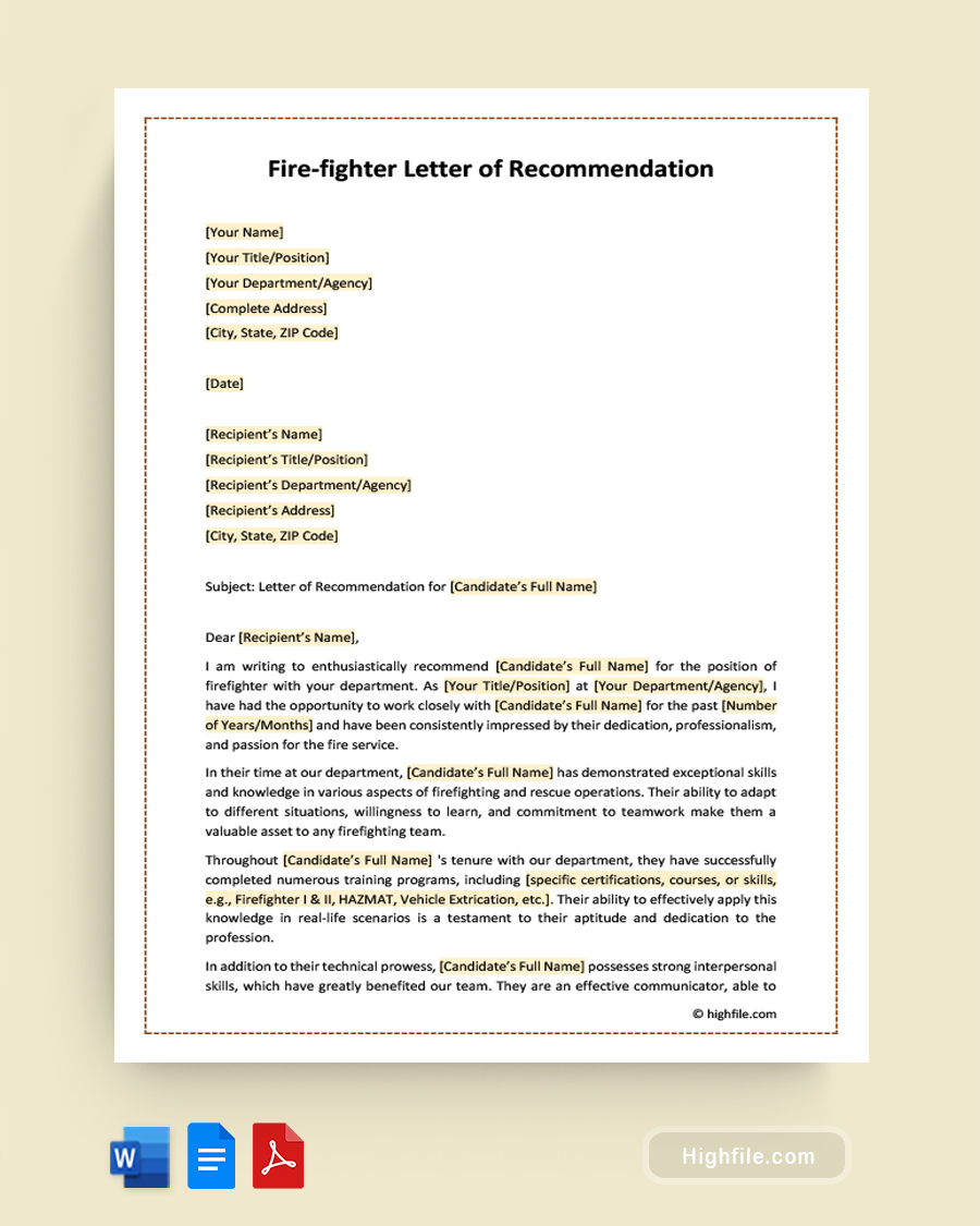Firefighter Letter of Recommendation - Word, Google Docs, PDF