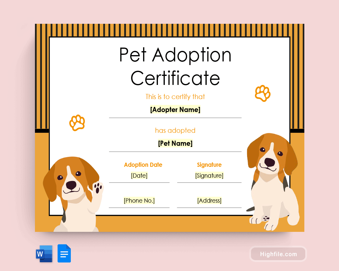 Free Pet Adoption Certificate Template - Word, Google Docs