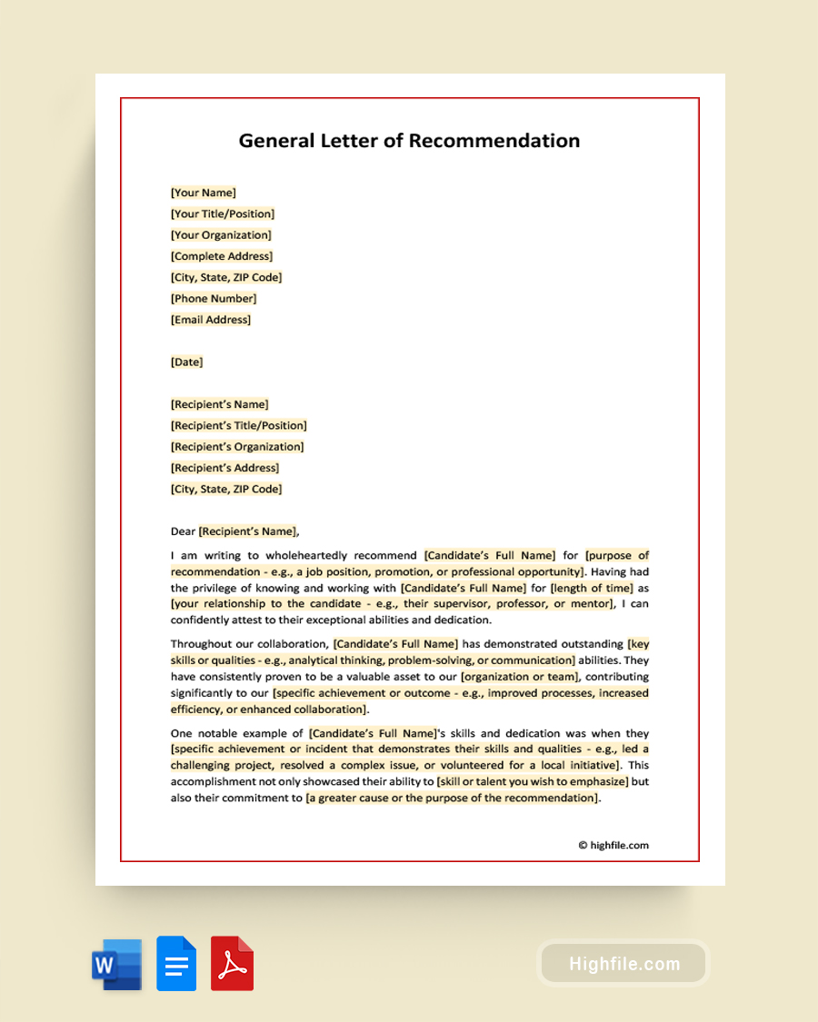 General Letter of Recommendation - Word, Google Docs, PDF