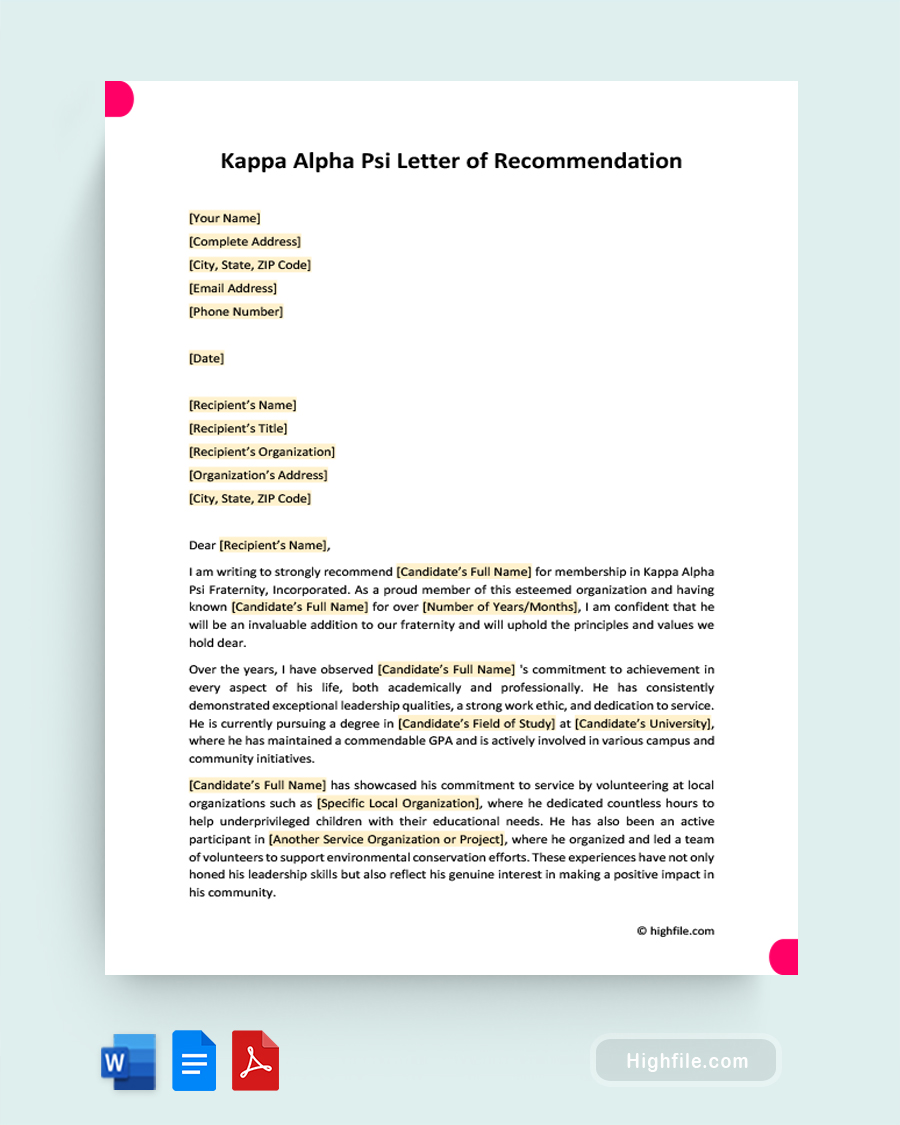 Kappa Alpha Psi Letter of Recommendation - Word, Google Docs, PDF