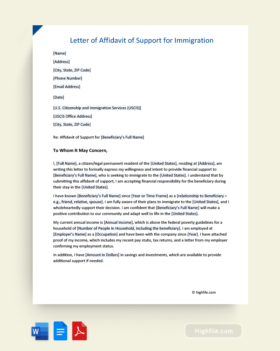 Letter of Affidavit of Support for Immigration - Word, PDF, Google Docs