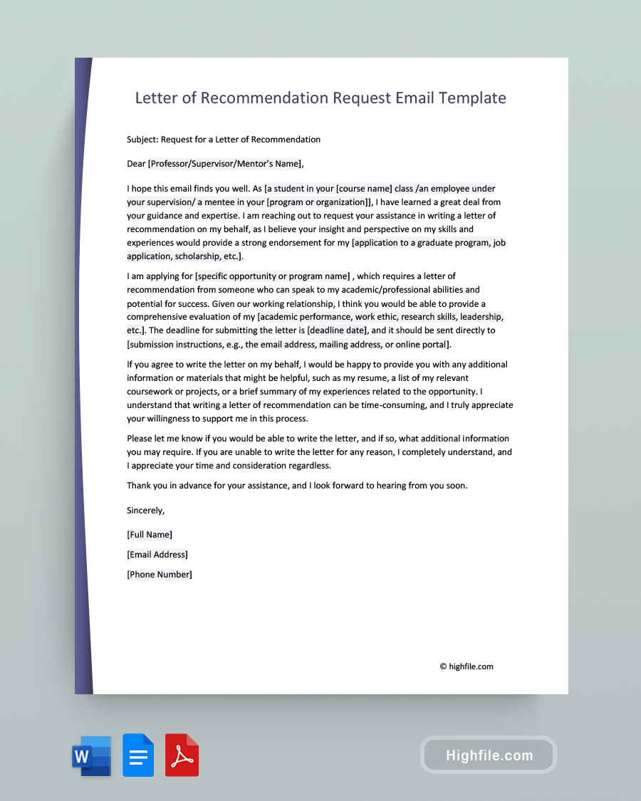 Letter of Recommendation Request Email Template - Word, PDF, Google Docs