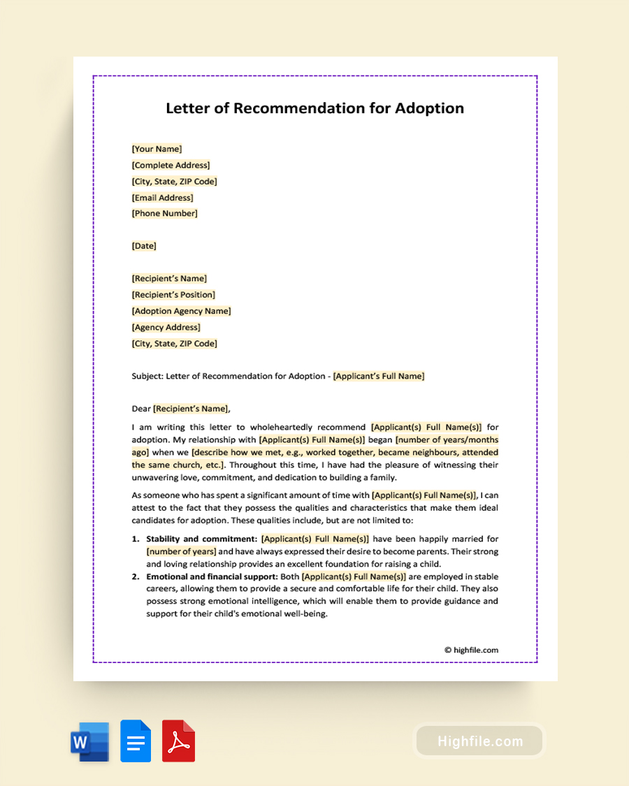 Letter of Recommendation for Adoption - Word, Google Docs, PDF
