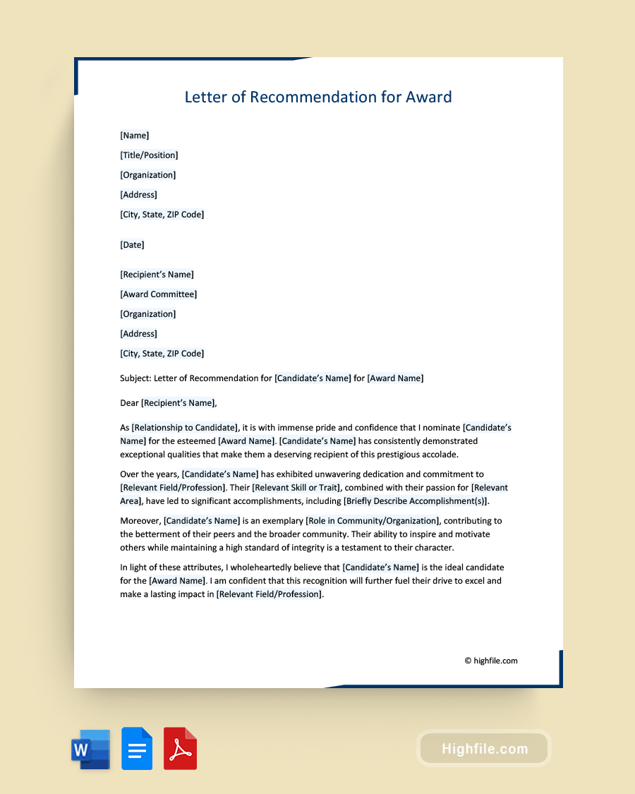 Letter of Recommendation for Award - Word, PDF, Google Docs