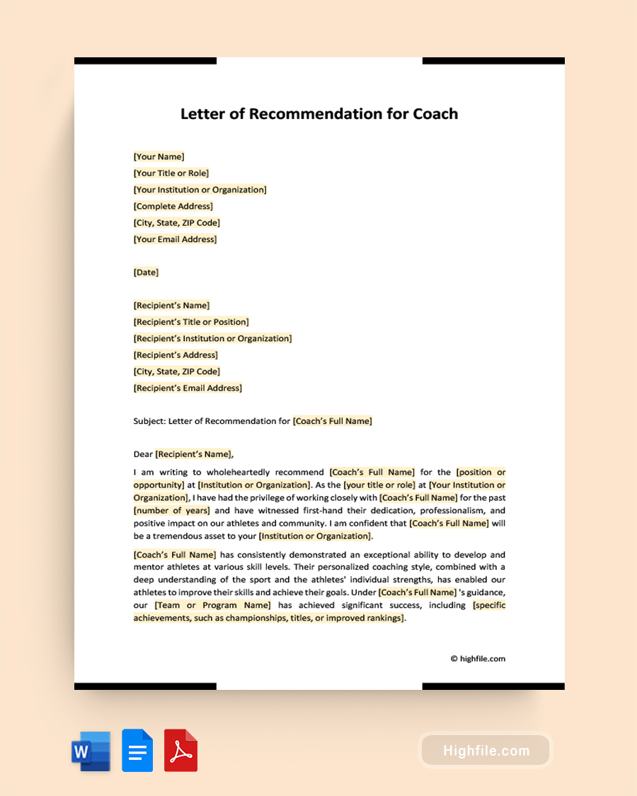 Letter of Recommendation for Coach - Word, Google Docs, PDF