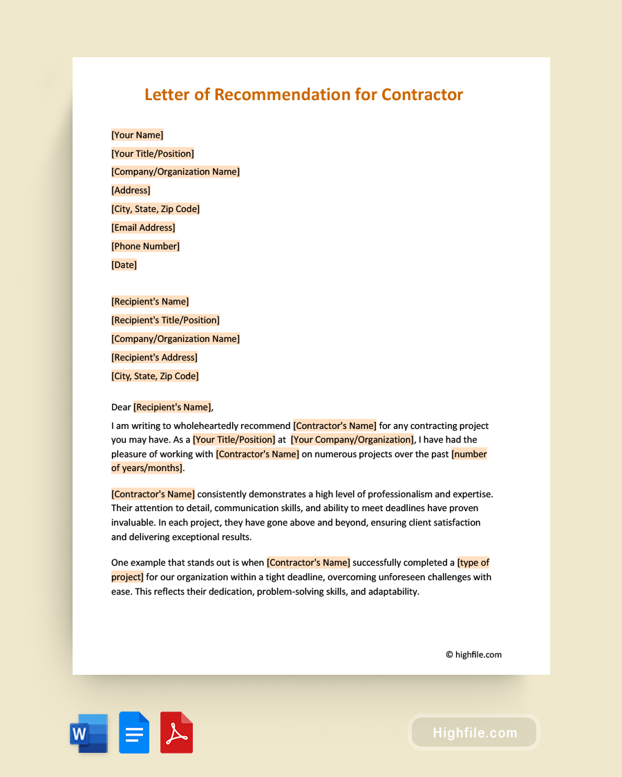 Letter of Recommendation for Contractor - Word, Pdf, Google Docs