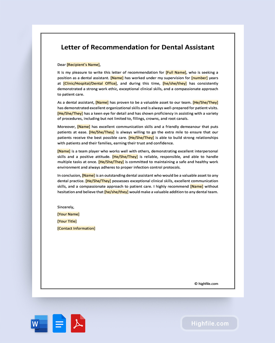 Letter of Recommendation for Dental Assistant - Word, Google Docs, PDF