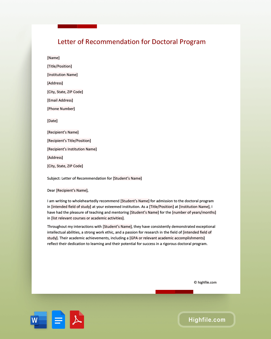 Letter of Recommendation for Doctoral Program - Word, PDF, Google Docs
