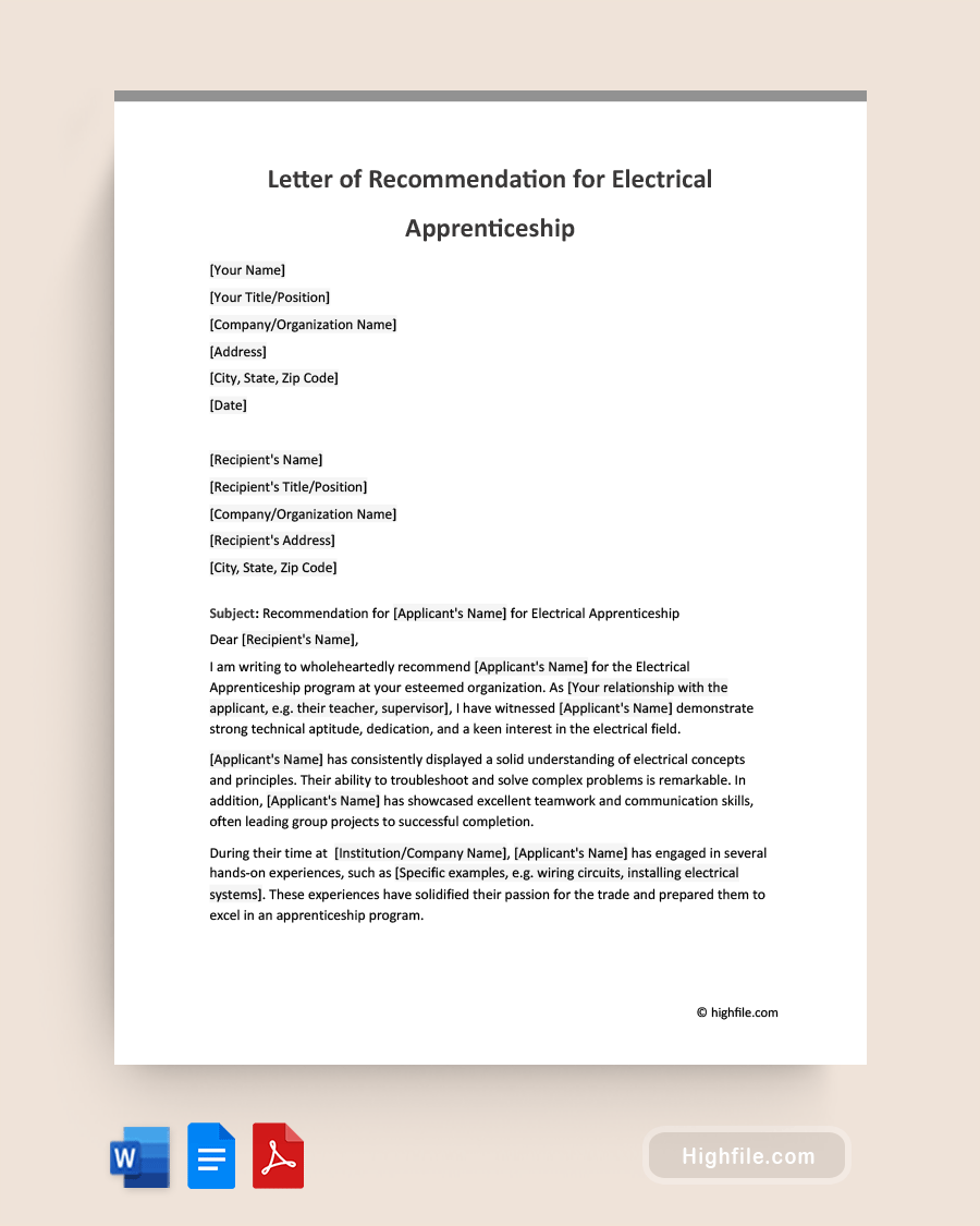 Letter of Recommendation for Electrical Apprenticeship - Word, Pdf, Google Docs