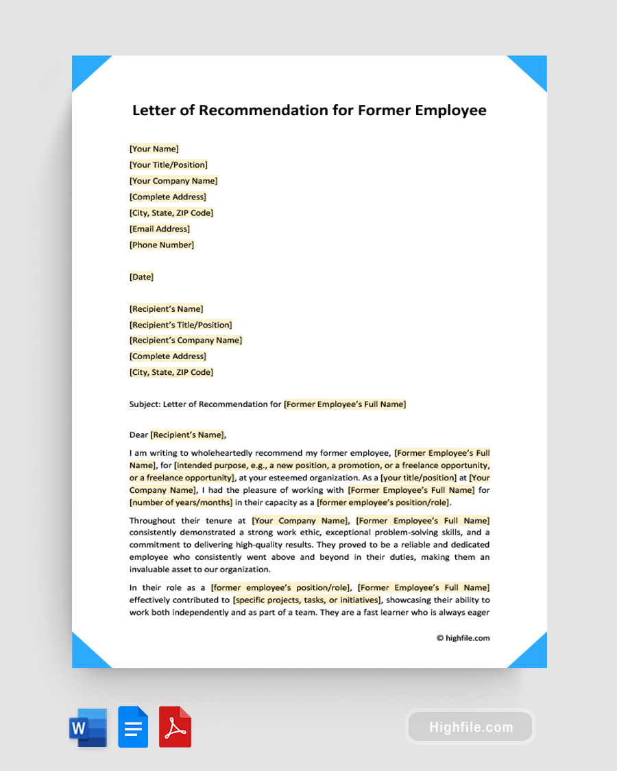 Letter of Recommendation for Former Employee - Word, Google Docs, PDF