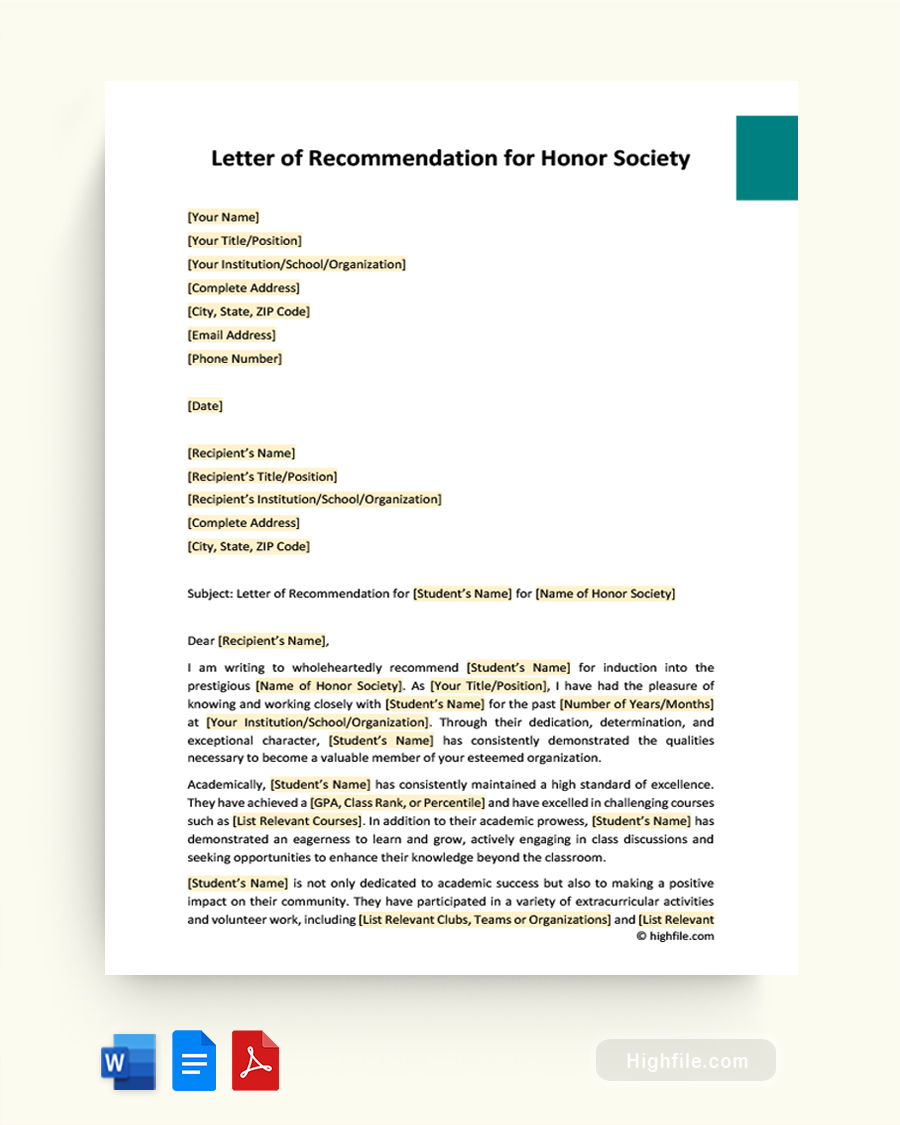 Letter of Recommendation for Honor Society - Word, Google Docs, PDF