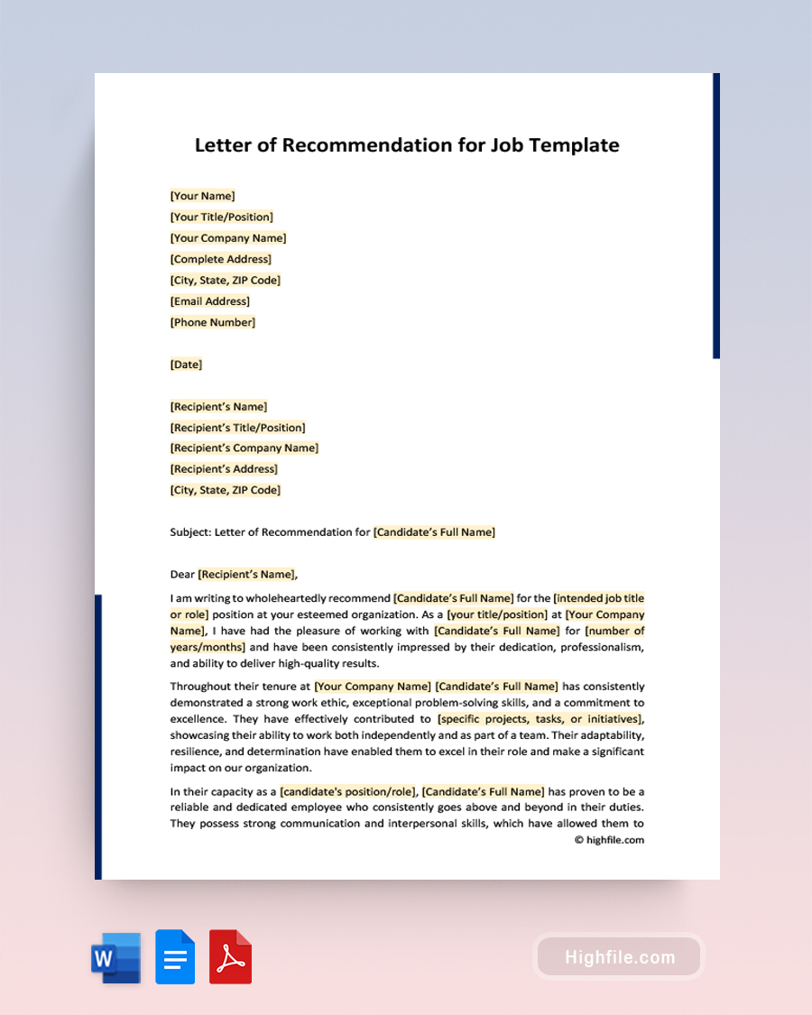 Letter of Recommendation for Job Template - Word, Google Docs, PDF