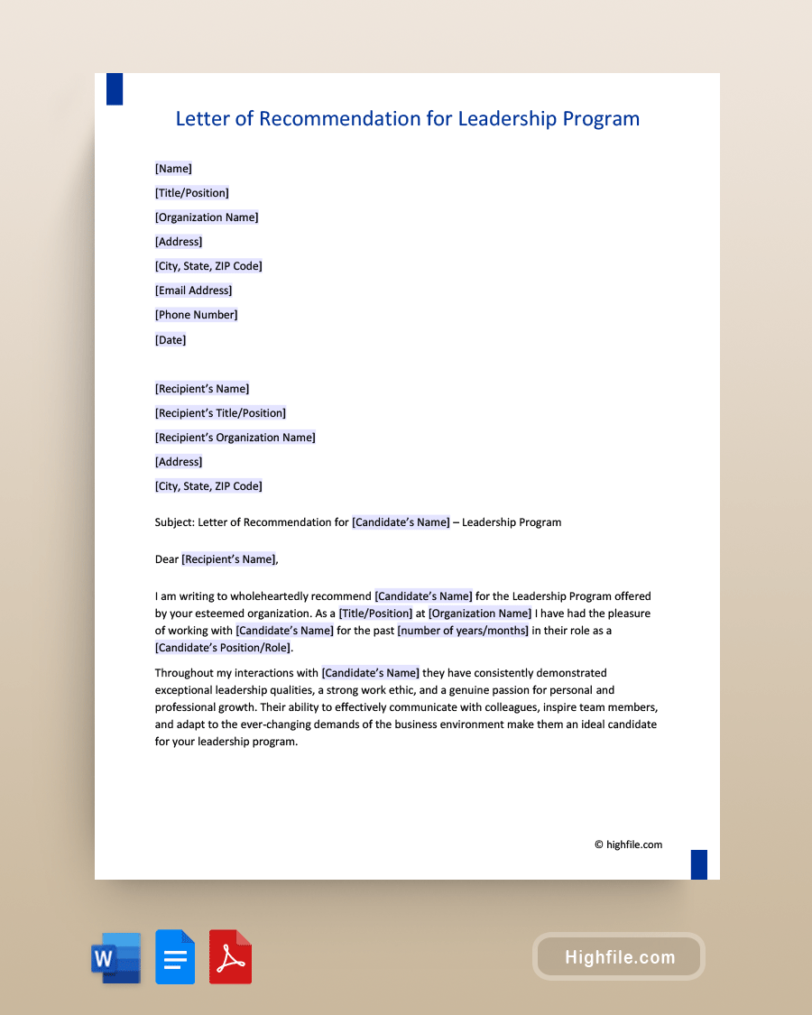 Letter of Recommendation for Leadership Program - Word, PDF, Google Docs