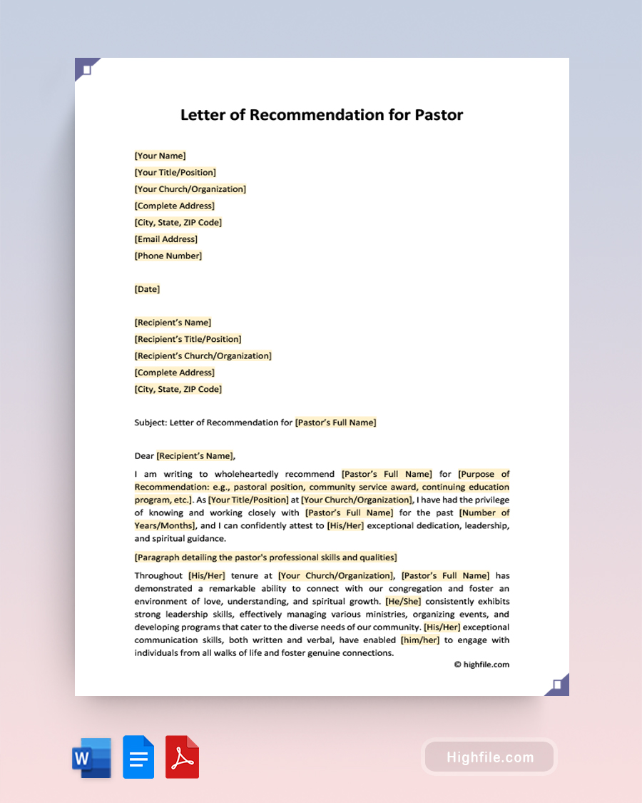 Letter of Recommendation for Pastor - Word, Google Docs, PDF
