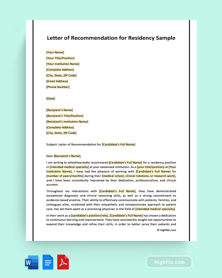 Letter of Recommendation for Residency Sample - Word, Google Docs, PDF