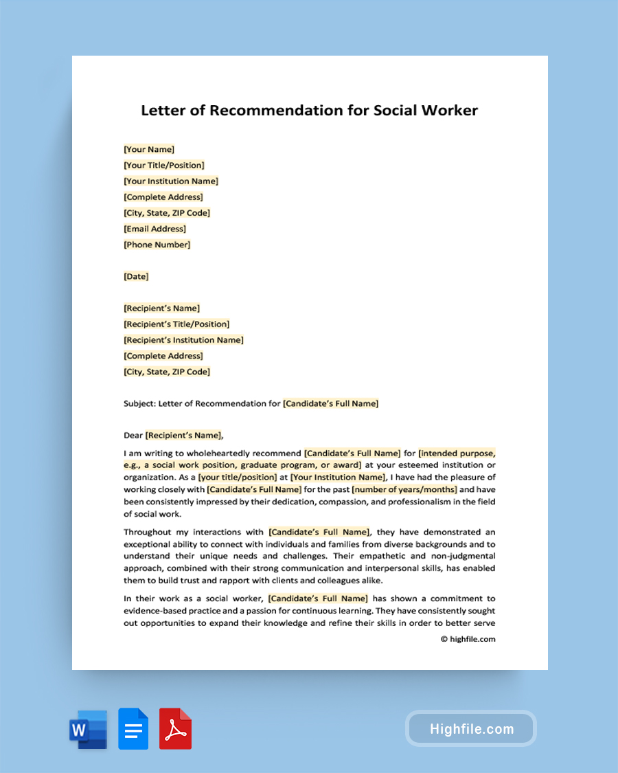 Letter of Recommendation for Social Worker - Word, Google Docs, PDF