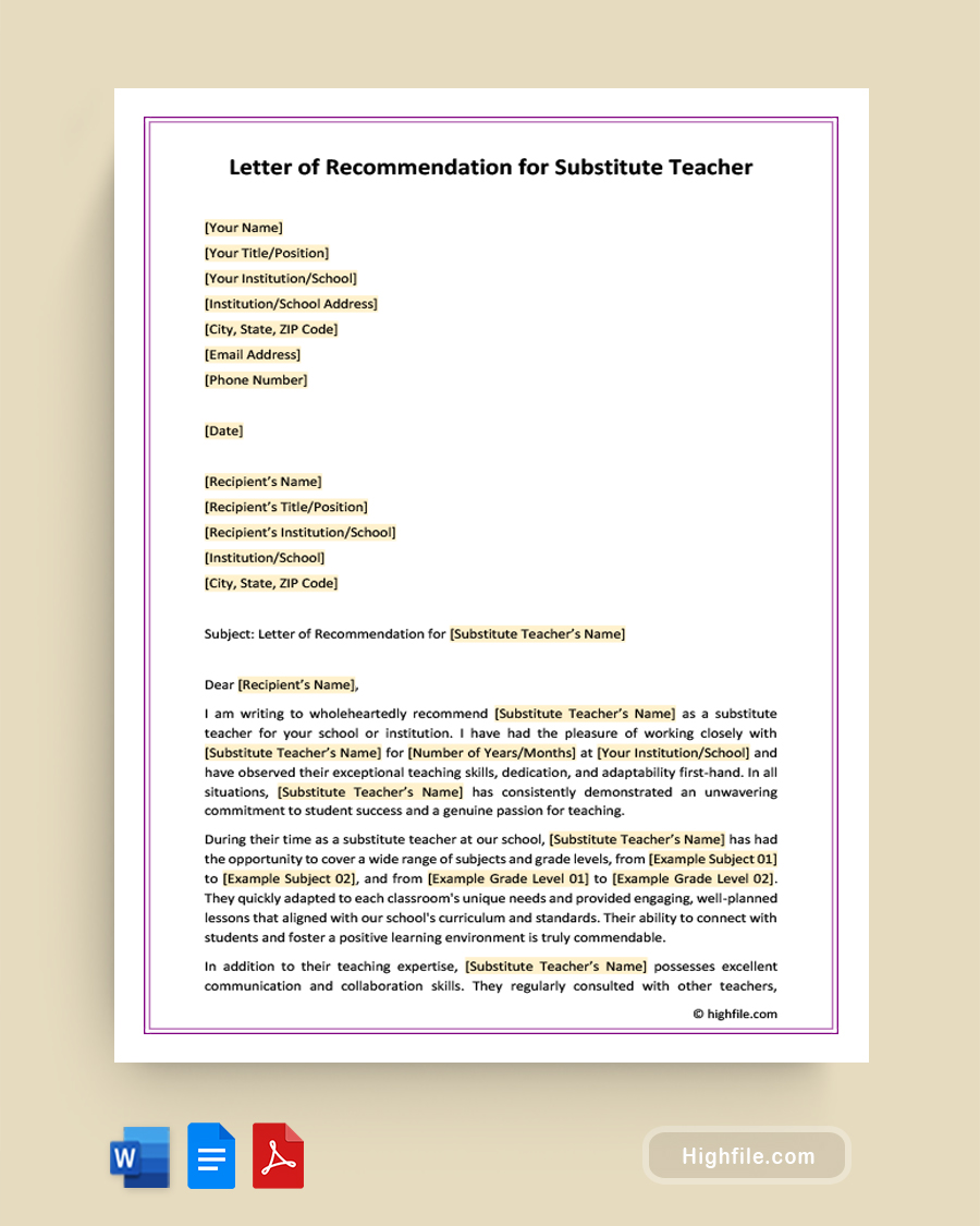 Letter of Recommendation for Substitute Teacher - Word, Google Docs, PDF