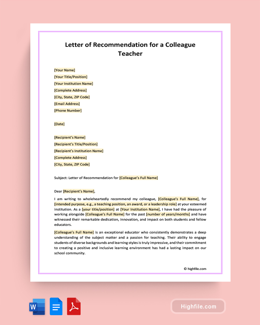 Letter of Recommendation for a Colleague Teacher - Word, Google Docs, PDF