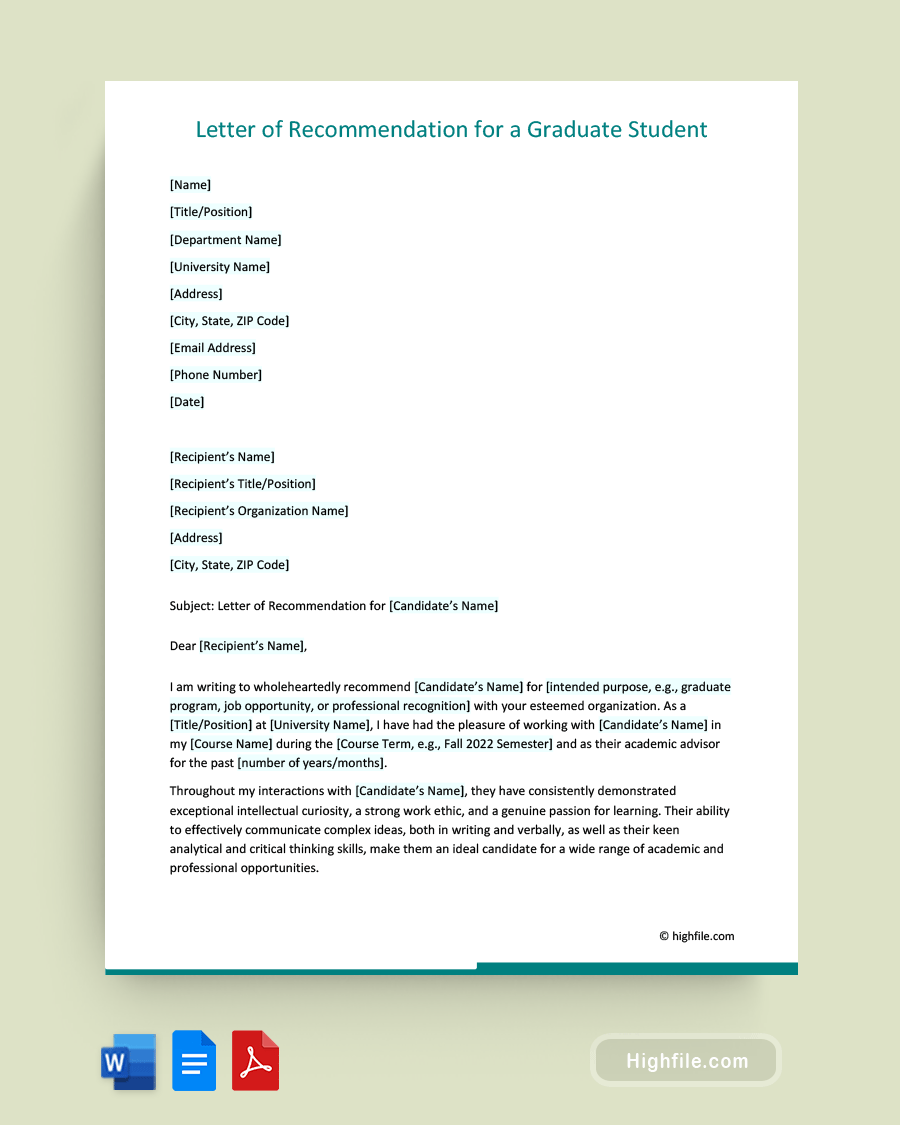 Letter of Recommendation for a Graduate Student - Word | PDF | Google Docs