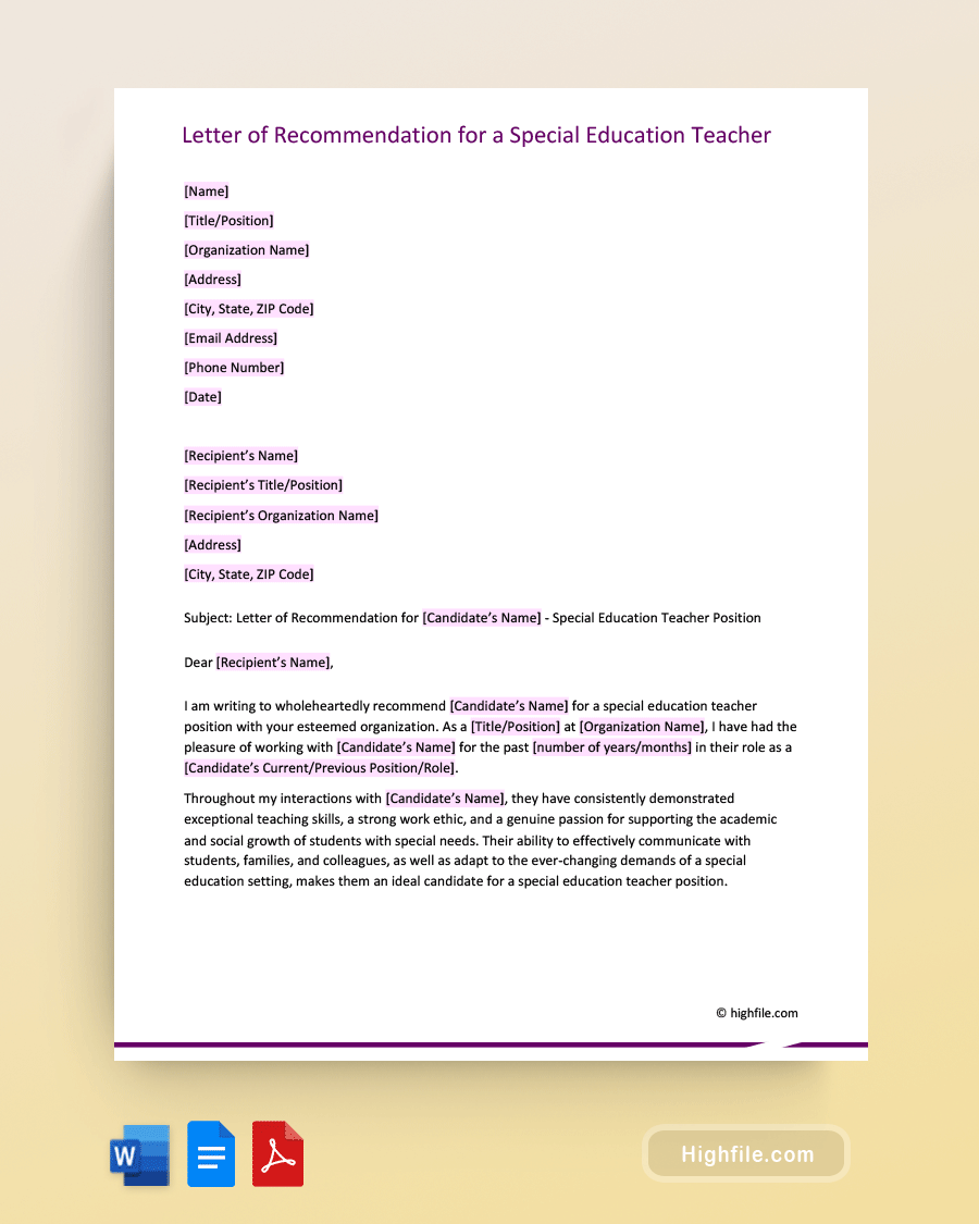 Letter of Recommendation for a Special Education Teacher - Word, PDF, Google Docs