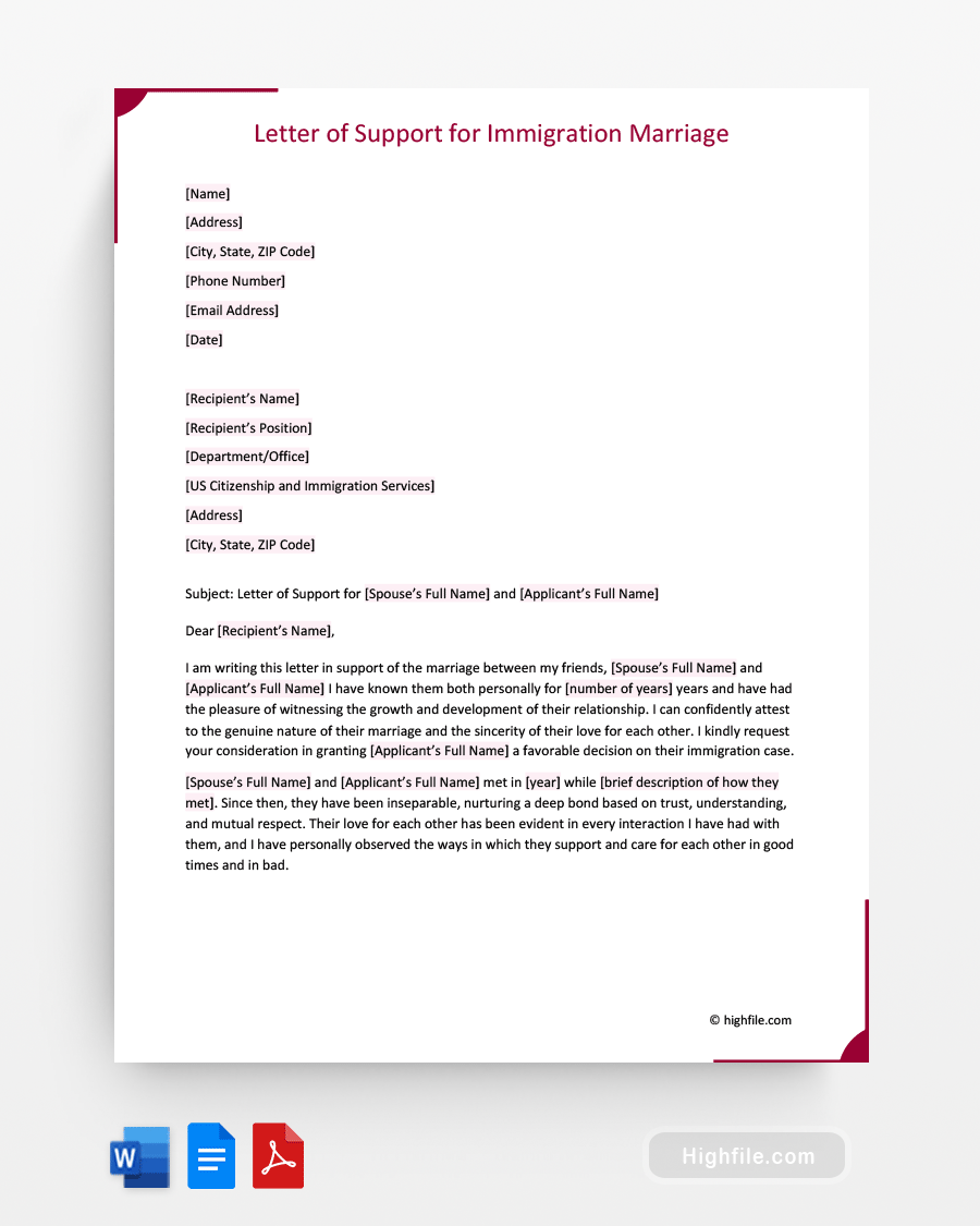 Letter of Support for Immigration Marriage - Word, PDF, Google Docs