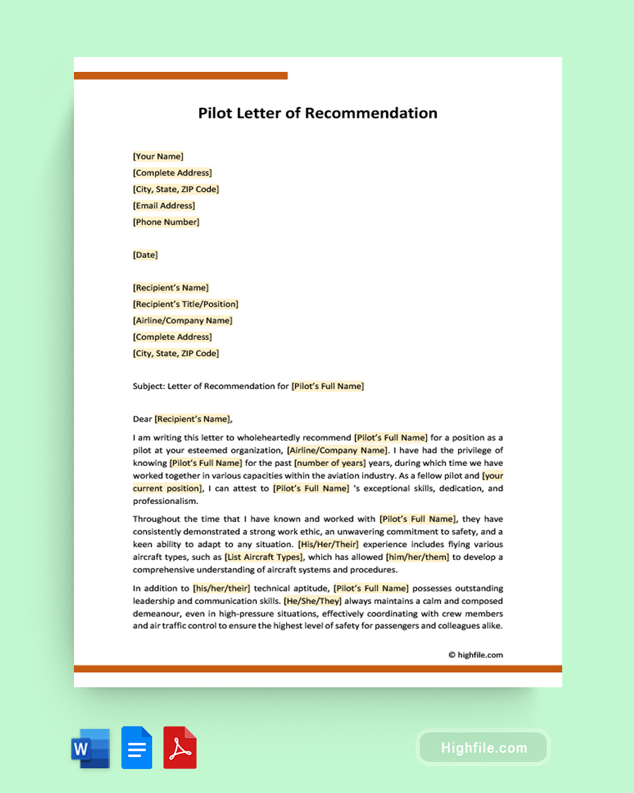 Pilot Letter of Recommendation - Word, Google Docs, PDF